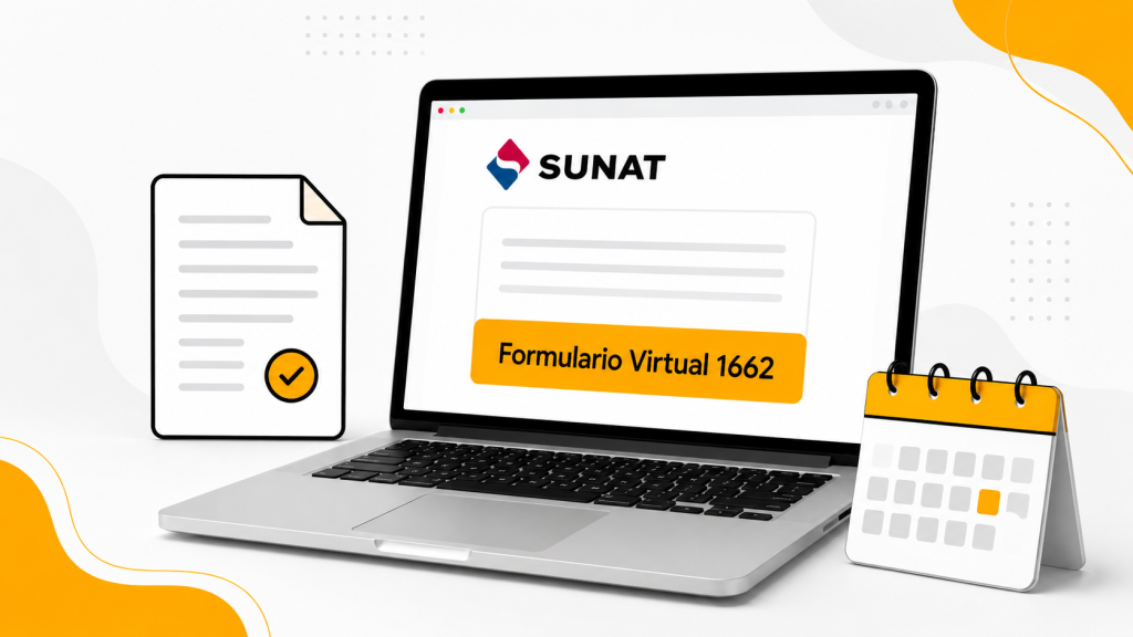 Laptop con SUNAT, Formulario Virtual 1662 e iconos sobre IGV de servicios no domiciliados