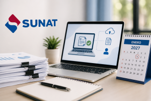 Logo de SUNAT junto a un calendario con la fecha 1 de enero de 2027, inicio de las nuevas reglas de validación para comprobantes electrónicos.