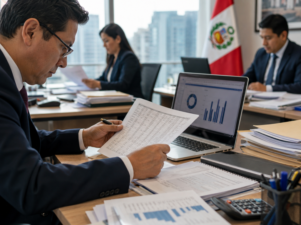 Profesional revisando documentos en oficina con laptop abierta y bandera del Perú al fondo