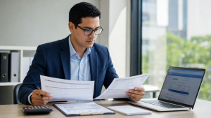 Contador revisando un pago a terceros y el crédito fiscal de una empresa