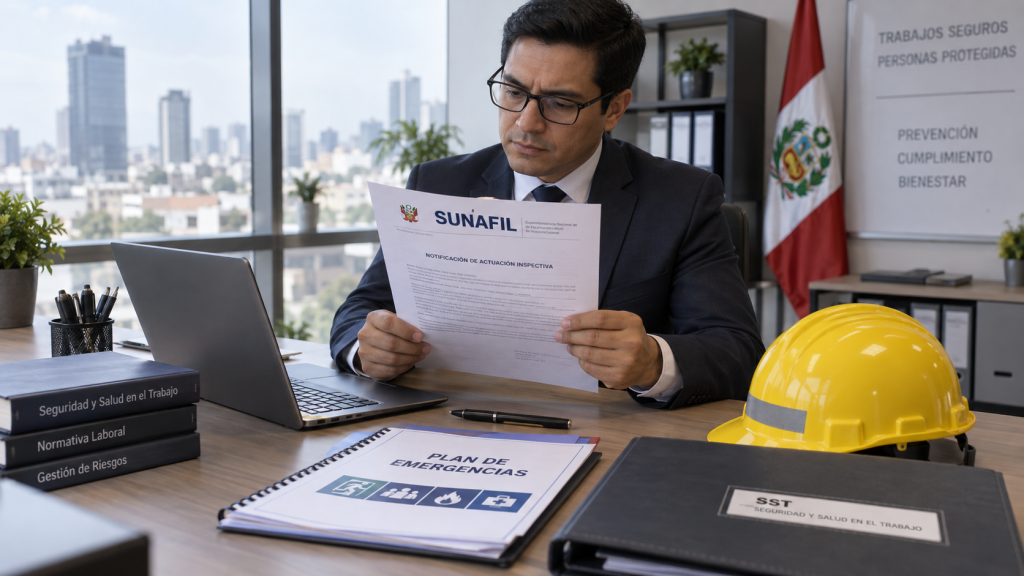 Empresario revisando una carta inductiva de SUNAFIL sobre seguridad y medidas ante emergencias.
