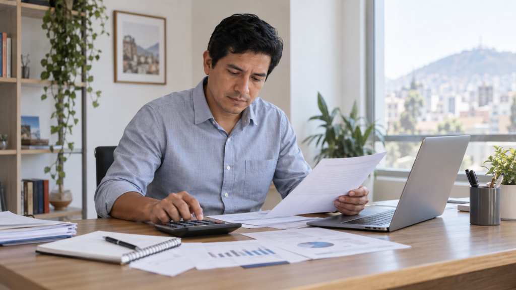 Trabajador independiente revisando documentos y calculando sus aportes a la ONP en 2026